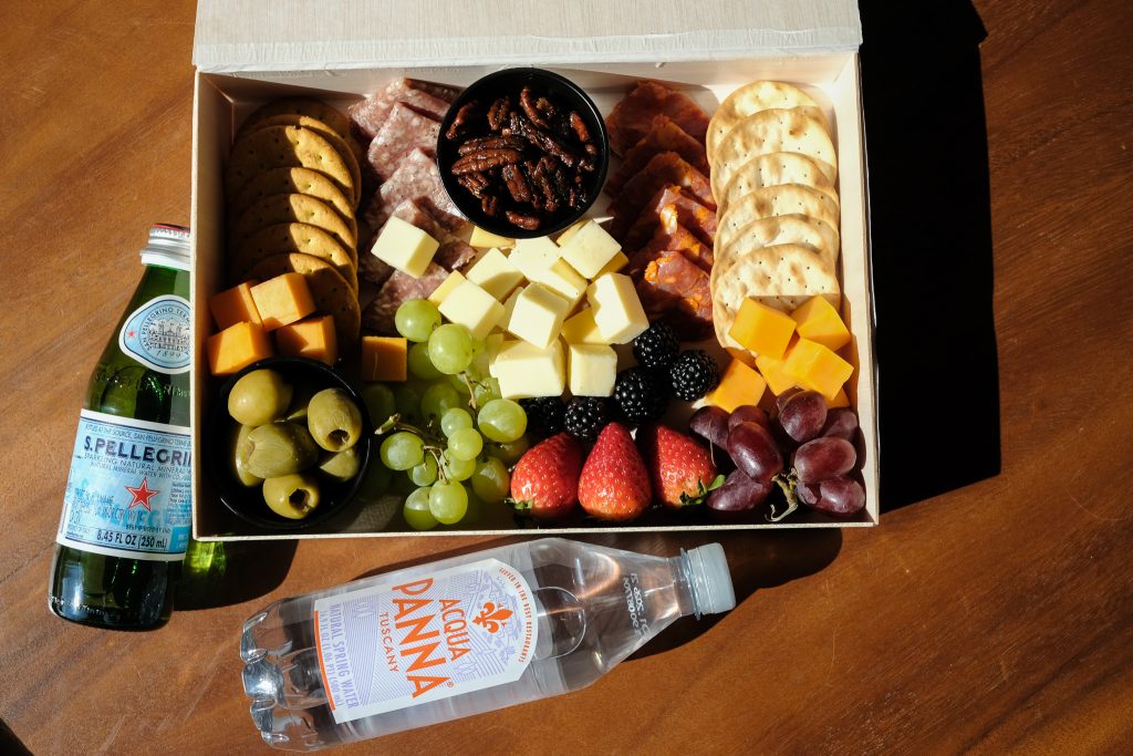 Wine Road Little Luxury- Charcuterie and sparkling, still water.